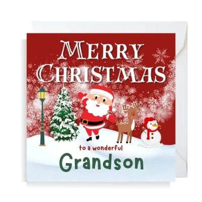 Image of Second Ave Grandson Christmas Santa Reindeer Snowman Square Xmas Holiday Festive Greetings Card