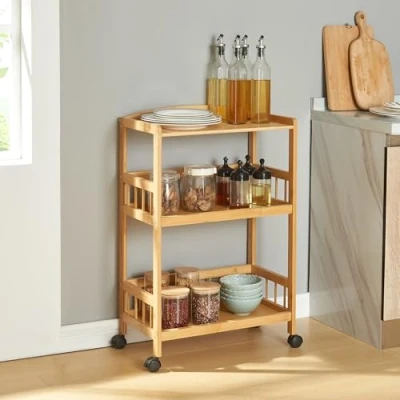 Image of [en.casa] Serving trolley Huddinge with 3 levels Kitchen Bamboo storage shelf castors 80 x 53 30 cm Side