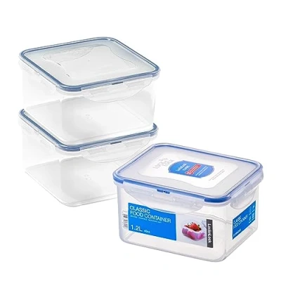 Image of LocknLock Square Food Containers with Lids Set of 3 Plastic Airtight &amp; Watertight Storage Containers, BPA Free Dishwasher Safe, x 1.2L