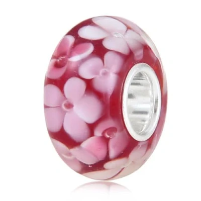 Image of Murano Lampwork Glass Charm 925 Sterling Silver Flower Leaf Anniversary for Pandora Bracelet (A)