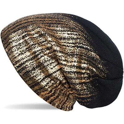 Image of styleBREAKER Warm fine Knit Beanie with Metallic Print and Fleece Lining, Slouch Long Beanie, Unisex 04024132, Colour:Dark Blue/Gold