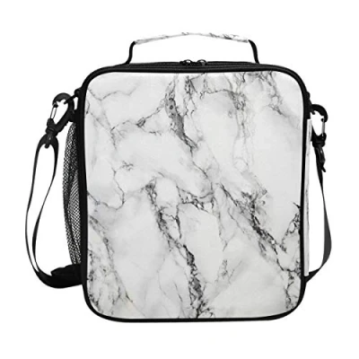 Image of Girls Marble Lunch Bags White Stone Large Insulated Box Tote Bag Cold Thermal Freezable Shoulder Strap for Kids Teen Women School Work