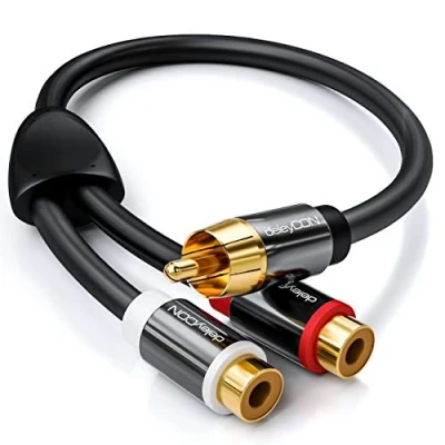 Image of deleyCON 0.20m (7.87 Inch) Audio Cinch Y Adapter Distributor Cable for Subwoofer 1x RCA Plug to 2x Socket Gold Plated Contacts