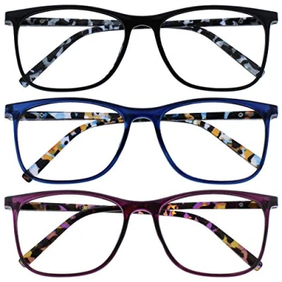 Image of OPULIZE Arc Reading Glasses 3 Pack Stylish Slim Square Frame Spring Hinges Scratch Resistant Black Blue Purple Patterned Arms Mens Womens RRR66 135 +2.50