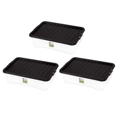 Image of Neat. Plastics 32L Heavy Duty Storage Box, Clear Base, Black Lid Organise Easily with Plastic Box Lid, Ideal Boxes for Storage, Durable Lids Pack of 3