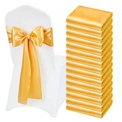Image of VEVOR Stretch Spandex Chair Sashes Bows, Slipcover and Sash, Elastic Bands, Fitting Wedding, Holiday, Banquet, Party, Celebration Decoration (50 PCS Gold)