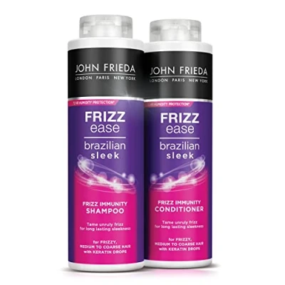 Image of John Frieda Frizz Ease Brazilian Sleek Immunity Smoothing Shampoo and Conditioner Duo Pack 2 x 500ml, Anti Bundle For Frizzy, Dry Hair