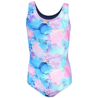 Image of Aquarti Girls&#039; One Piece Swimsuit with Open Back Print, Tie Dye/Dark Blue/Blue/Purple/Pink, 146