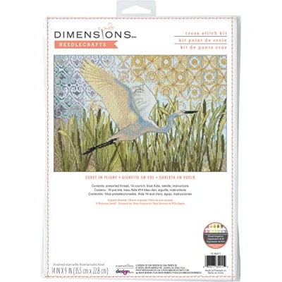 Image of Dimensions 70 35411 Egret in Flight Counted Cross Stitch Kit for Beginners, 14&quot; x 9&quot;, 14 Cnt. Light Blue Aida, 4pcs