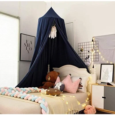Image of Premewish Baby Children Bed Canopy, Round Dome Cotton Mosquito Net Reading Room Decorations Nursery for Castle Hanging House Nook (Navy Blue)