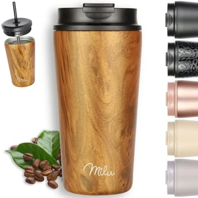 Image of Milu Travel Mug 300ml, 400ml, 500ml 100% Leakproof Stainless Steel Coffee Thermal to go Insulated with Straw Keeps hot for 10h / Cold 20h, BPA Free (Wood, 500ml)
