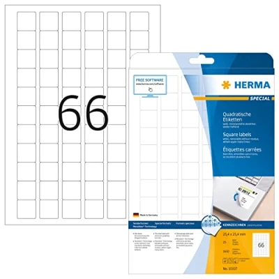 Image of HERMA Self Adhesive Removable Labels, 66 Labels per A4 Sheet, 25 Sheets, 25.4 x mm, 1650 Blank Multipurpose Stickers, Sticky for Laser &amp; Inkjet Printer, White