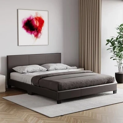 Image of Vida Designs Lisbon Double Bed, 4ft6 Bed Frame Upholstered UKFR Faux Leather Headboard Low Foot End Bedroom Furniture, Brown