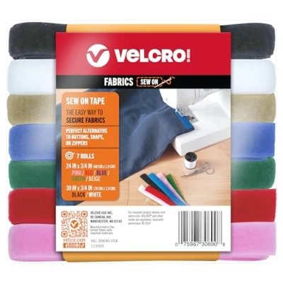 Image of Velcro Brand Sew on Tape 15ft x 3/4 in Variety Pack 7 Colors for Fabrics Clothing and Crafts, Substitute Snaps Buttons, Cut Strips to Length