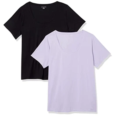 Image of Amazon Essentials Women&#039;s Regular Fit Short Sleeve Scoop Neck T Shirt (Available in Plus Size), Pack of 2, Black/Lavender, XL