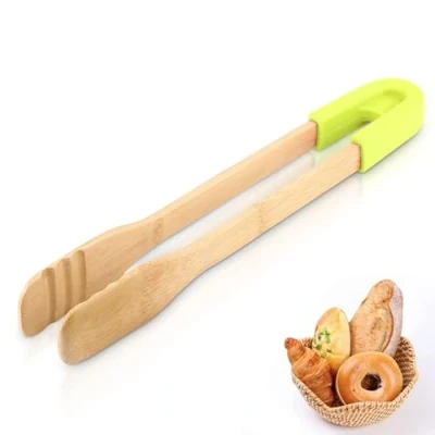 Image of BBQ Serving Tong,Wooden Bread Clamp 11.8in Food Tong Silicone Handle Long Cooking Tongs Buffet Steak Clip Non Stick Kitchen for Foods,Green