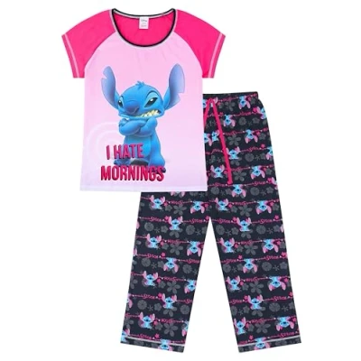 Image of Disney Womens Lilo and Stitch I Hate Mornings Long Cotton Pyjama Set Ladies PJ&#039;s (14 16) Pink