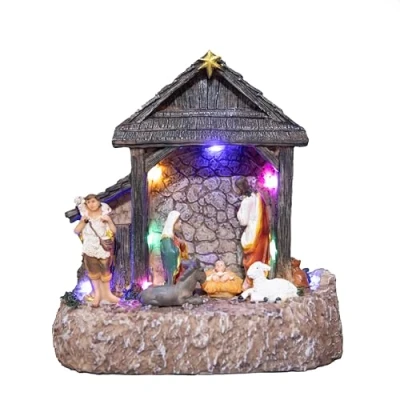 Image of SHATCHI 22cm LED Light Up Christmas Nativity Scene Set Jesus Christ Birth Crib Battery Operated Xmas House Home Window Table Decoration, Resin, Brown