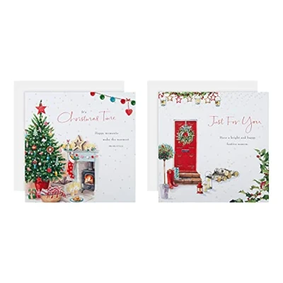 Image of Hallmark Multipack Christmas Cards, Charity Pack of 16 in 2 Classic Lucy Cromwell Designs, Red Door, Tree