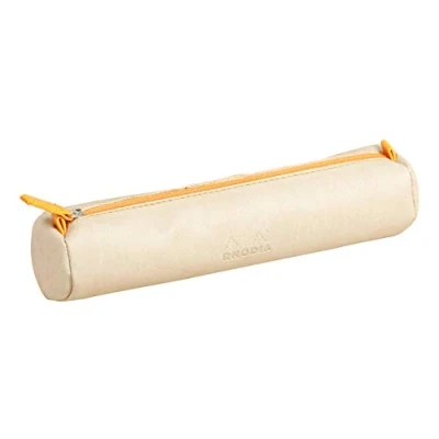Image of RHODIA 318895C Rhodiarama Beige Round Pencil Case 21.5 x 5.5 cm Genuine Orange Stitching Ivory Jersey Interior Faux Leather Storage for Pens, Pencils, Markers, Small Supplies