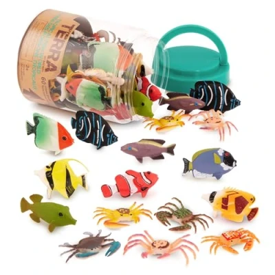 Image of Terra by Battat 60 Tropical Fish World in Tube Assorted aquatic sea miniature, clown fish, blue surgeon crabs &amp; more, figurines for kids 3 Years + (60 Pc)