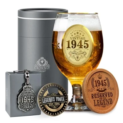 Image of CROWNLY CRYSTAL® 1945 80th Birthday Gifts for Men Personalised Beer Glasses Decorations Dad Grandad Uncle Dads Husband