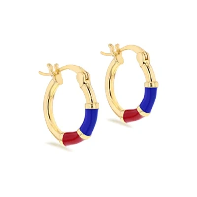 Image of Tuscany Silver Women&#039;s Sterling Yellow Gold Plated 15mm Blue and Red Enamel Hoop Earrings