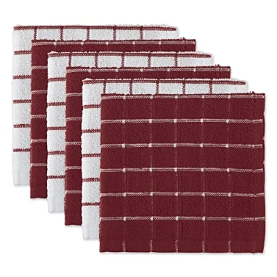Image of DII 100% Cotton, Machine Washable, Ultra Absorbant, Basic Everyday 12 x Terry Kitchen Dish Cloths, Windowpane Design, Set of 6 Wine