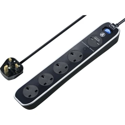 Image of Masterplug Four Socket Switched Inline Power Surge Protected Extension Lead with Two USB Charging Ports, 2 Metres, Gloss Black