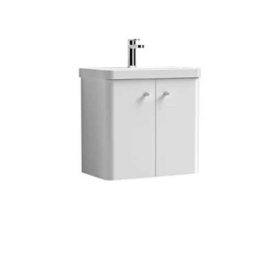 Image of Nuie Modern Bathroom Wall Hung 2 Door Vanity Unit and 1 Tap Hole Ceramic Basin, 589 x 605 355mm, Gloss White, 600mm