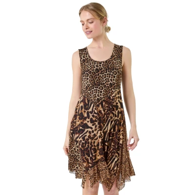 Image of Roman Originals Animal Print Stretch Mesh Dress for Women UK Ladies Everyday Holiday Spring Summer Round Neckline Comfy Soft Evening Vacation Work Party Camel Size 10