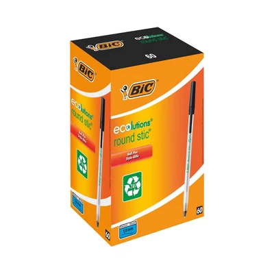 Image of BIC Round Stic ECOlutions Ballpoint Pens Box of 60 Black Medium Writing Point (1.0 mm) Large Office Size
