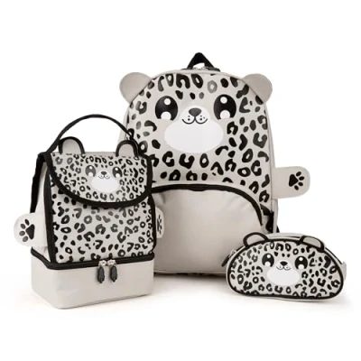 Image of Zappi Co Children&#039;s Snow Leopard Backpack Triple Set Package Includes Backpack, Lunch Box, and Pencil Case Fun Wildlife Rucksack for Boys Girls Back to School Essential