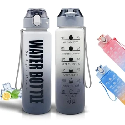 Image of AQUA HOMIE Water Bottle with Straw, 1L, Gym Time Marker and Carry Strap, BPA Free Leakproof Bottle, Lightweight Drinks for Adults, Sports