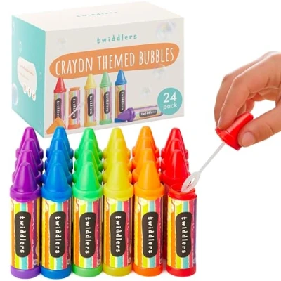 Image of THE TWIDDLERS 24 Mini Bubbles for Kids Party Bags, Crayon Shaped Wands in 6 Colours, 8cm Perfect as Bag Fillers Multipack Wedding Favours Refillable Tubes