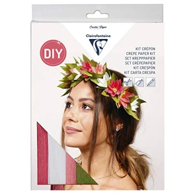 Image of Clairefontaine Ref 97707C Wreath of Flowers Crepe Paper Kit 6 x Lengths Wire (40cm), 1 Satin Ribbon (1m), Adhesive Tape, 200 Stencils, 4 Sheets Florist