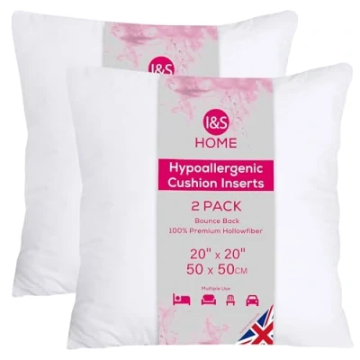 Image of I&amp;S Home Cushion Inserts 50cm x 20 inches Square Inner Pads Bounce Back Polyester Filler Hypoallergenic Scatter Cushions for Sofa and Couch Pack of 2