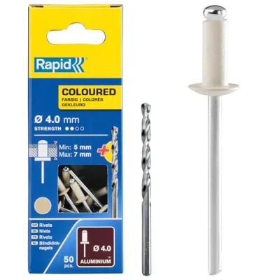Image of Rapid High Performance Cream White Aluminium Rivets, Ø4 x 10 mm 4mm Rivets for Gutters, Piping, and Sheet Metal Includes Drill 50 Pieces, Carton Boxed (5001464)