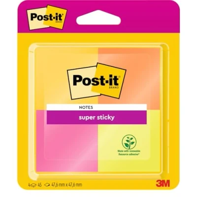 Image of Post it Super Sticky Notes, Assorted Colours, 4 Pads, 47.6 mm x mm, 45 Sheets per Pad, Green, Orange, Pink, Yellow Extra Notes for Walls, Monitors and Fridge