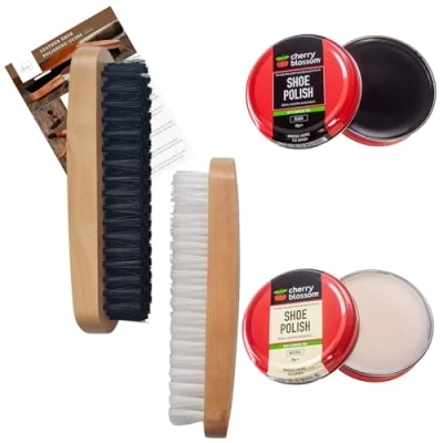 Image of Inese Shoe Shine Kit, Care Essentials Set for Leather Shoes Black and Neutral Polish, 2 Brushes, Microfiber Cloth Perfect Gift Men