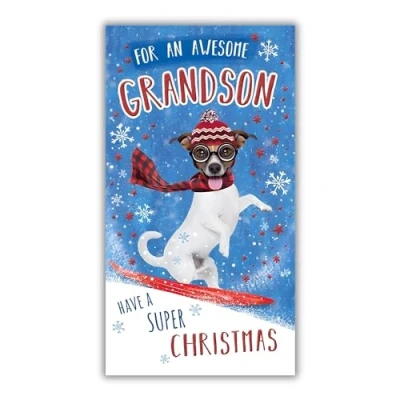 Image of Grandson Christmas Card Awesome Festive Dog Design Special Finish and Illustrated Insert Leaf Made in the UK Eco Friendly
