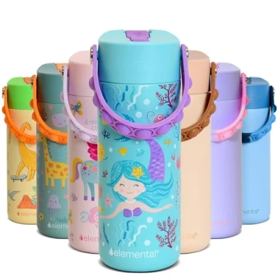 Image of Elemental Insulated Kids Water Bottle, Stainless Steel Bottle with Straw Lid &amp; Pop It Handle, Leak Proof Bottles for School, Boys or Girls, Travelling and Sports, 18oz Mermaid