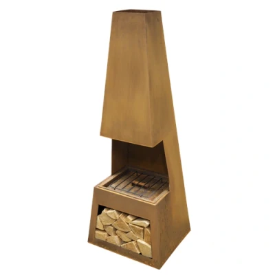 Image of Dellonda Outdoor Chiminea Fireplace Heater Firewood Storage Corten Steel