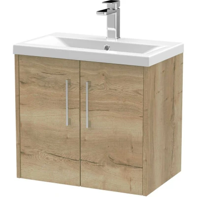 Image of Hudson Reed JNU1823A Juno Modern Bathroom Wall Hung 2 Door Vanity with Mid Edge Ceramic Basin, 600mm, Woodgrain Autumn Oak
