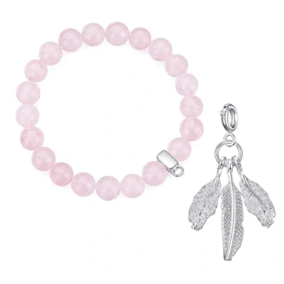 Image of Philip Jones Rose Quartz Gemstone Bracelet with Feathers Charm