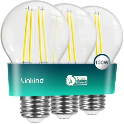 Image of Linkind E27 LED GLS Bulb, Ultra efficient A Rated 7.2W=100W Equivalent, 2700K Warm White 1521lm, Edison Screw in Light Clear Glass Vintage Filament 50000H Lifespan, 3 Pack