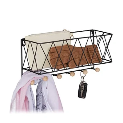 Image of Relaxdays Wall Shelf Rail, Metal &amp; Wood, Lattice Design, Coat Rack with 6 Hooks, HWD: 17 x 36 13 cm, Black, Iron