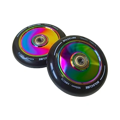 Image of BOLDCUBE Stunt Scooter Wheels 100mm Pair Pro Alloy Core ABEC9 Bearings (Solid: Chrome/Black, 2 Wheels)
