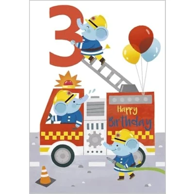 Image of Abacus Cards Boys 3rd Birthday Card Age 3 Fire Engine &amp; Elephants with Embossed Details Eco Friendly Recyclable