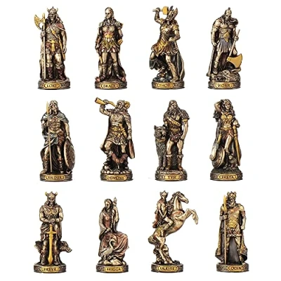 Image of Veronese Design Bronze Finished 12 Piece Norse Gods and Goddesses Miniature Statue Set